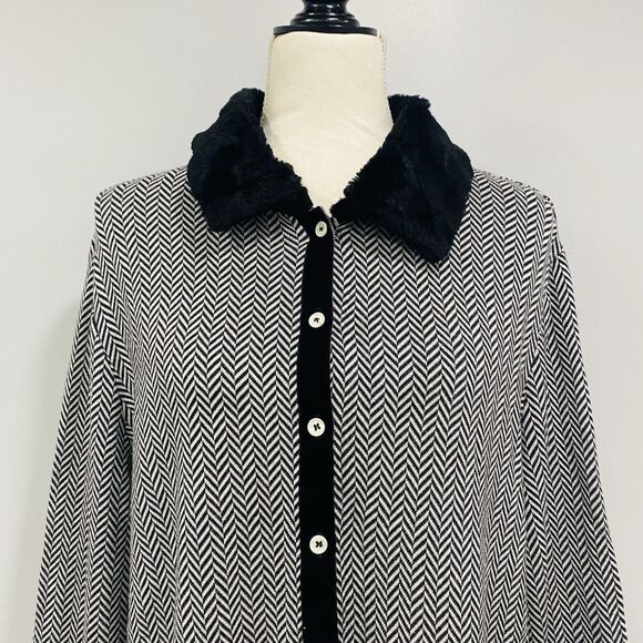 NEIMAN MARCUS VTG XL Faux Fur Trim Button Up Cardigan Shacket Houndstooth Retro - Picture 3 of 16